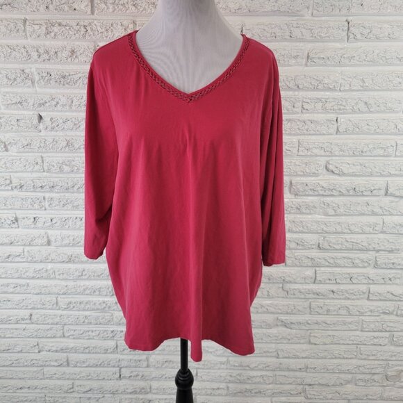 Catherines Suprema Womens Top 2X Plus 3/4 Sleeve Red Comfy Crochet RED22E - Picture 1 of 9